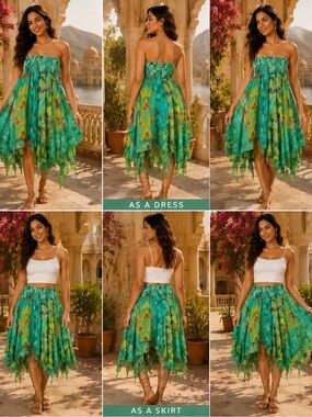 Boho Convertible Handkerchief Dress Skirt One Size  Turquoise  Festival Style